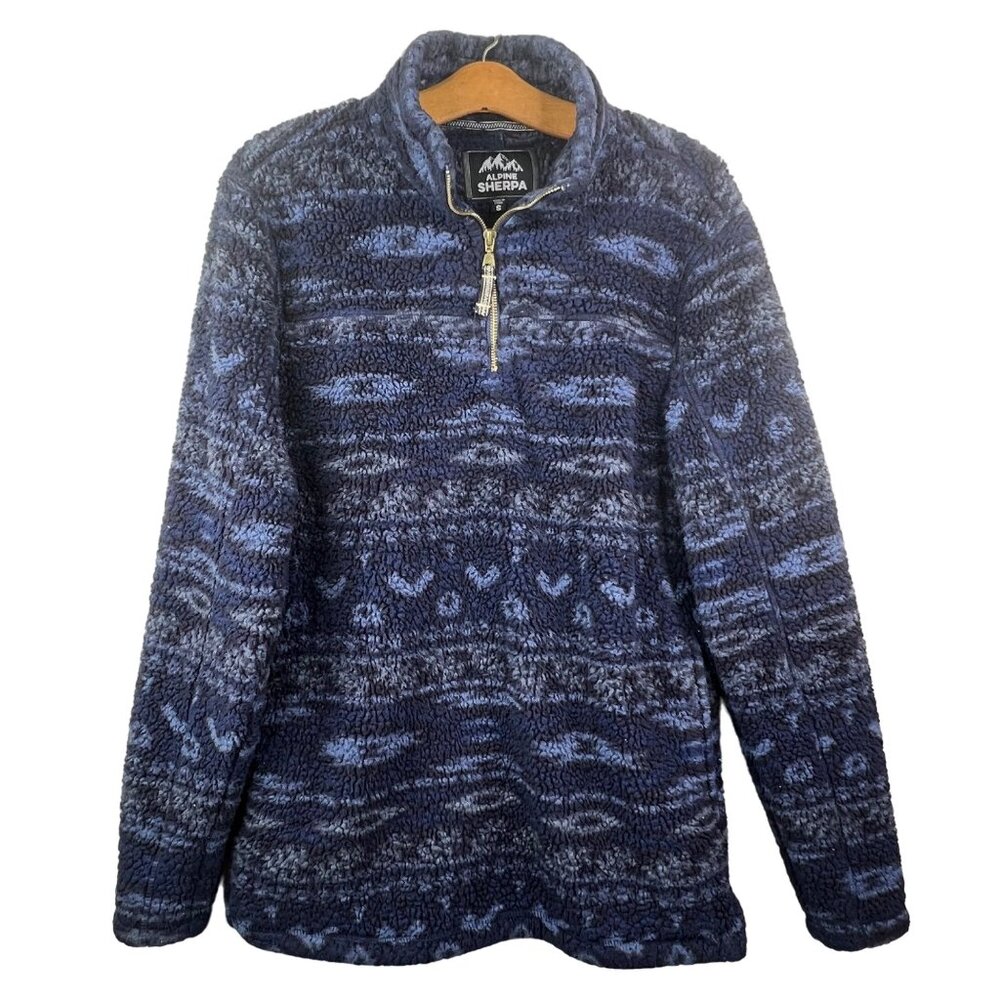 Alpine Sherpa Jacket Mens Size Small Pullover Quarter Zip Navy Aztec Print Fuzzy